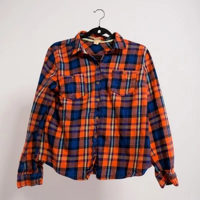 Camisa Mossimo Supply Co flanela botão para cima laranja azul xadrez estilo utilitário GG - Imagem 1 de 4