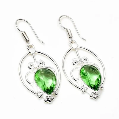 925 Sterling Silver Green Amethyst Gemstone Handmade Jewelry Earring Size-1.8" - Image 1 of 4