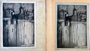 Arthur Birch; 'Londres. Par de grabados de punto seco del primer y segundo estado de The White Tower - Imagen 1 de 16