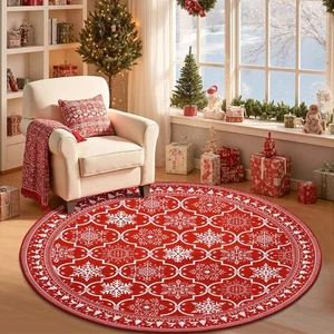 Washable Christmas Round Rug 4ft – Red Snowflake Christmas Tree Area Rug Holi... - Picture 1 of 7