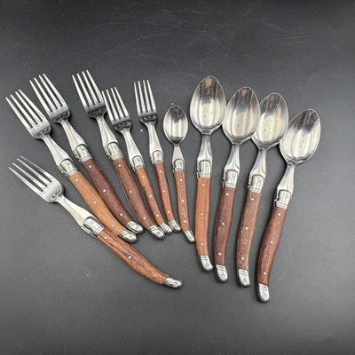 Lote de 11 remaches cubiertos de acero inoxidable mango de grano de madera para el hogar francés Laguiole Foto 1 de 4