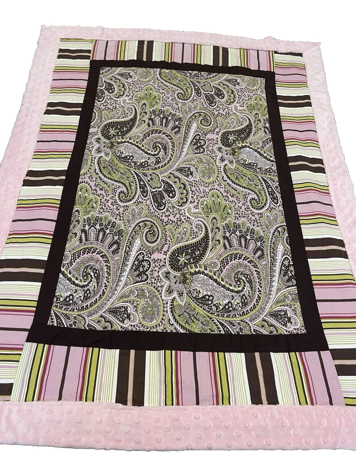 Manta de cachemira rosa hecha a mano cuna marrón verde Minky punto rayas boutique Foto 1 de 4