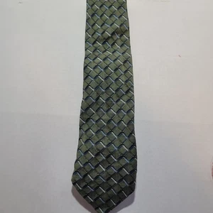 George Krawatte grün mit grauen & blauen Quadraten 100 % Seide handgefertigt - Bild 1 von 3