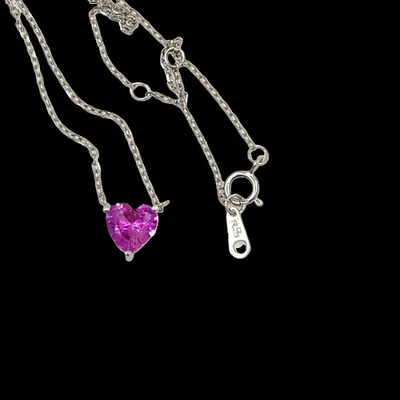 正品粉色红宝石 7.5 毫米心形单颗吊坠 17.5 英寸链 925 片 — 第 1/4 张图片