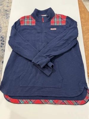 Vineyard Vines Jolly 格子 Heathered 宽鬆 Shep 衬衫 1/2 拉链海军蓝,尺寸 L — 第 1/4 张图片