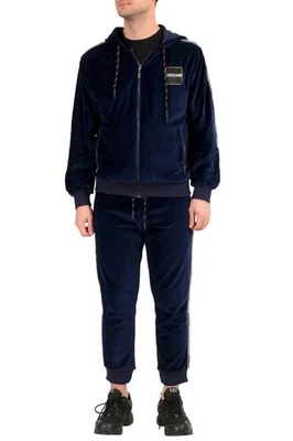 Roberto Cavalli“Sport”男式蓝色丝绒连帽全拉链田径套装 — 第 1/4 张图片
