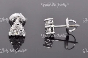 14K massives Weißgold natürlicher Diamant Ohrstecker 1/2 ct Schraubverschluss 3 Steine - Bild 1 von 5