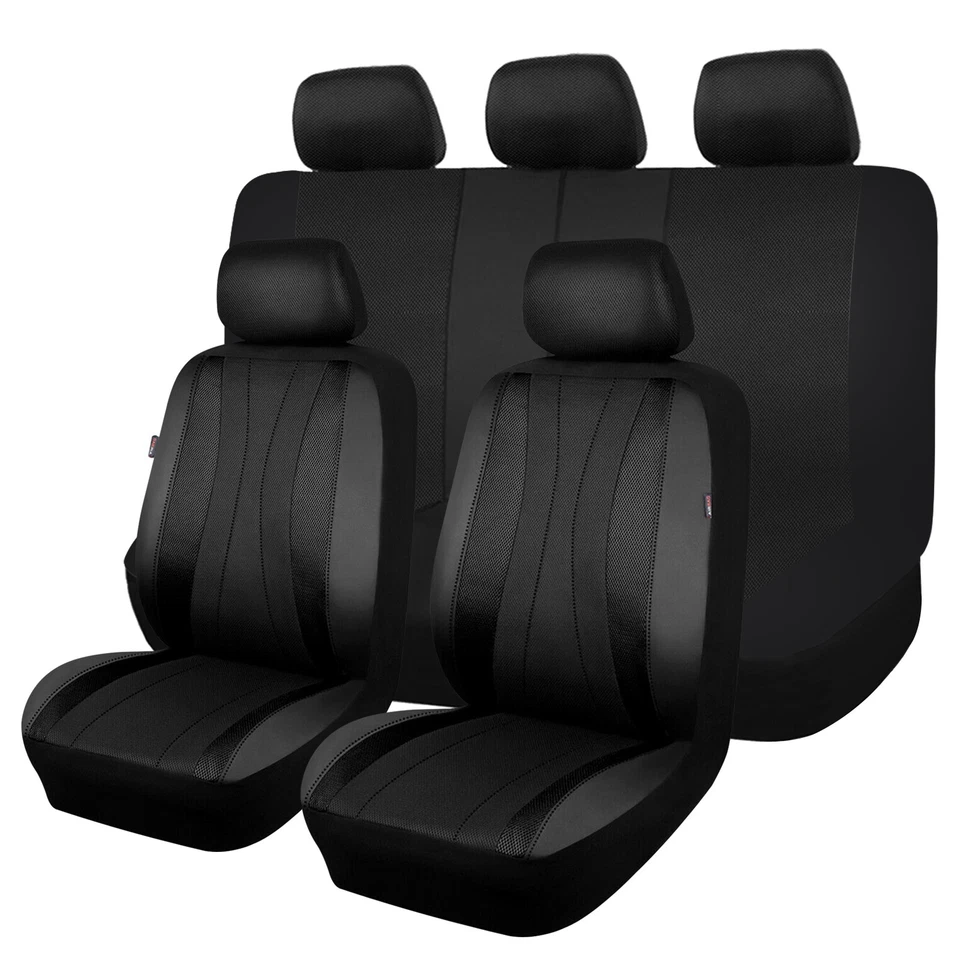 Flying Banner Universal Car Seat Covers Set PU Leather Mesh Rear Split Black Men - image 1 of 4