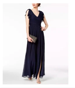 Vestido Adrianna Papell con Tul con Con Esmalteado Medianoche Talla 2 Mangas Aleteador Plisado - Imagen 1 de 10