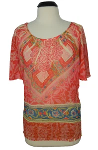 ENERGIE Blouse M MEDIUM Womens Sheer Printed Short Kimono Sleeves - Picture 1 of 6