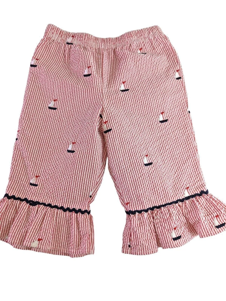 Kellys Kids Girl size XS 4 Ruffled Red Stripe Embroidered Sailboat Capri Pants - Image 1 of 4