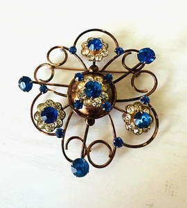 Large Vintage Deco sterling silver filigree blue glass rhinestone brooch 3" - Picture 1 of 3