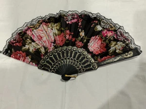 Folding Hand Fan Black Lace  Multi Flower Color Design open size 16.5x9" - Picture 1 of 1