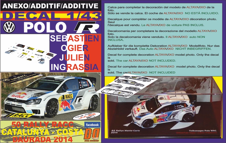 CALCOMANÍA ANEXO 1/43 POLO R WRC S.OGIER R.CATALUNYA 2014 GANADOR (12) Foto 1 de 1