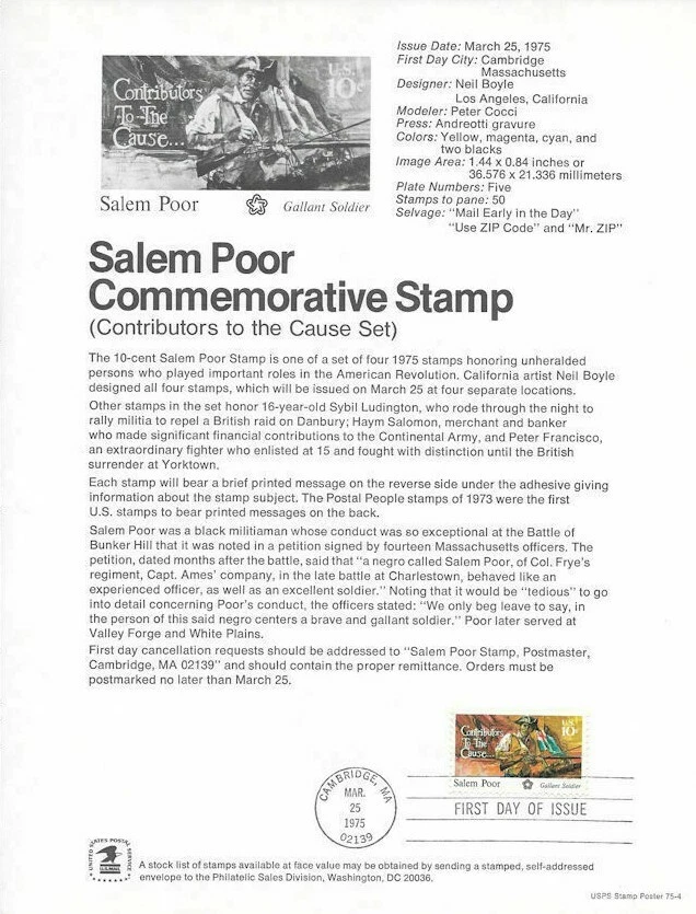 Salem Pobre Guerra Revolucionaria Héroe Negro #1560 1975 USPS FD PÁGINA DE RECUERDO  Foto 1 de 1