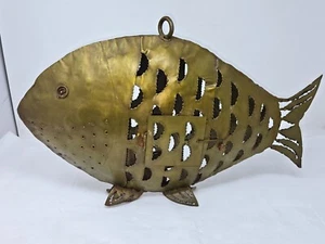 VINTAGE MCM LARGE METAL FISH HANGING VOTIVE CANDLE HOLDER LANTERN WELDED ART 20" - Picture 1 of 11