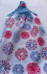 BLUE Yarn Crochet Top ASSORTED PATRIOTIC FIREWORKS Print Cotton Kitchen Towel - Picture 1 of 1