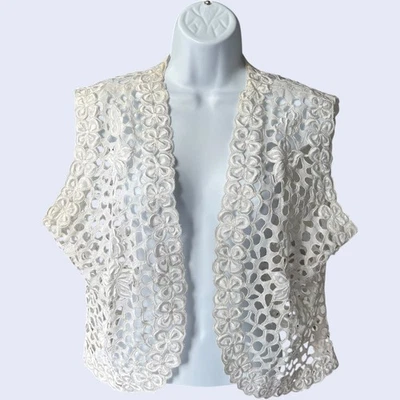 Manila Fashions embroidered cutwork lace open-front vest ivory cream XL vintage — 第 1/4 张图片