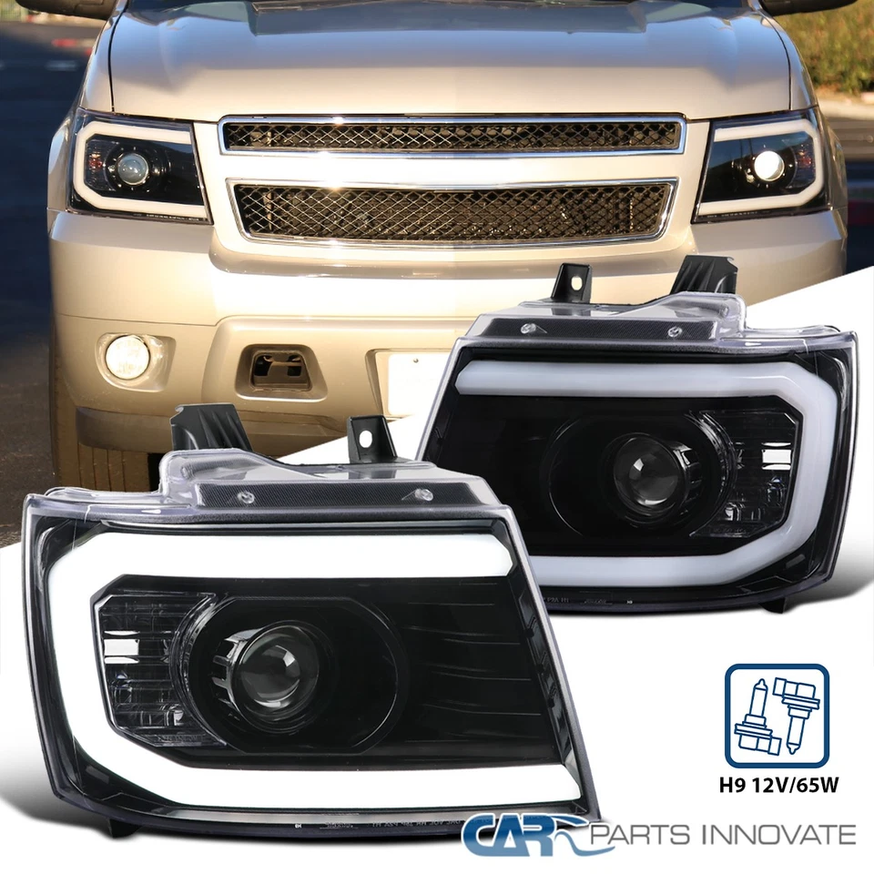 Fits 2007-2013 Chevy Avalanche LED Strip Pearl Black Projector Smoke Headlights - Image 1 of 4