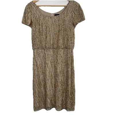 Adrianna Papell Dress Womens Size 8 Beige Short Sleeve Beaded Formal Luxe Glam - Image 1 of 4