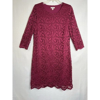 Vestido vaina de encaje de ruibarbo profundo Garnet Hill mangas 3/4 para mujer talla 10 forrado Foto 1 de 4