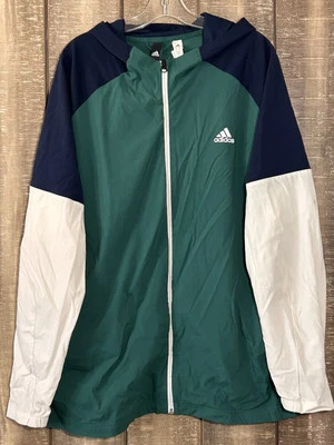 复古阿迪达斯风衣夹克蓝色绿色全拉链连帽网眼衬里男式 XL — 第 1/4 张图片