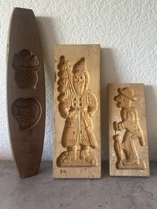 3 Vintage Carved Wood Butter Mold Cookie St Nick Folk Art Springerle Mooncakes - Picture 1 of 13