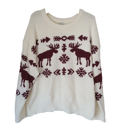 Suéter Sundance Spirited Moose Talla XXL 2XL Fair Isle Pullover Crema Borgoña Foto 1 de 4