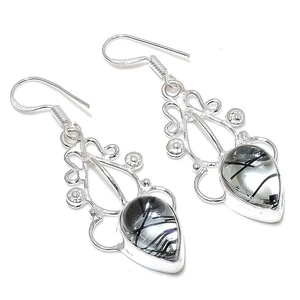 Rutilated Quartz Gemstone Handmade 925 Sterling Silver Jewelry Earring Size 1.8" - Picture 1 of 1