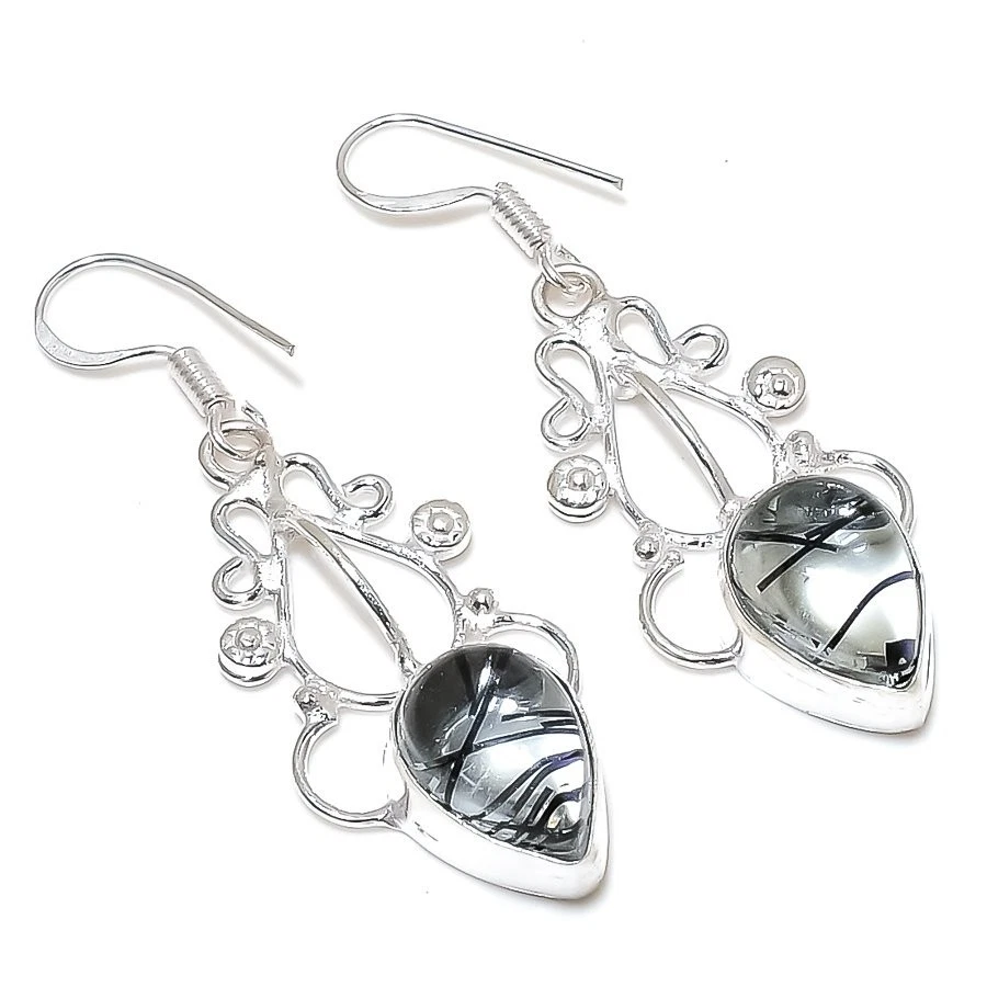 Rutilated Quartz Gemstone Handmade 925 Sterling Silver Jewelry Earring Size 1.8" - Image 1 of 1