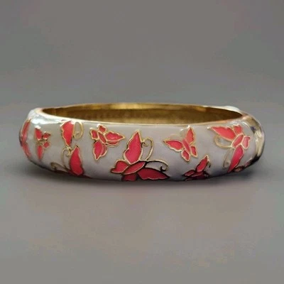 Brazalete Brazalete Aleación Cloisonne Mariposa Rosa Esmalte Blanco Foto 1 de 4