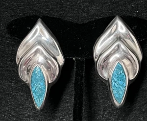 Orecchini Vintage Taxco Argento Sterling Intarsiato Turchese Modernariato Grosso 18g 2" - Foto 1 di 9
