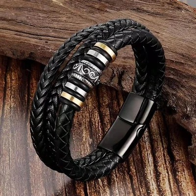 Men's Multilayer Braided Leather Stainless Steel Magnetic Bracelet Bangle Cuff - Image 1 of 4