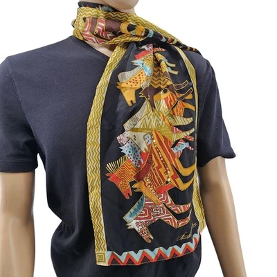 Laurel Burch Silk Scarf With Horse Motif & Geometric Border — 第 1/4 张图片