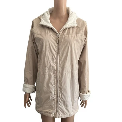 Abrigo reversible Izod para mujer grande beige blanco polar interior acolchado cremallera completa  Foto 1 de 4