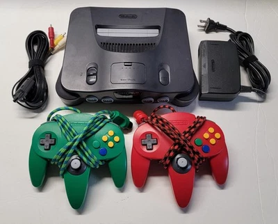 Nintendo 64 System Console With Two Paracorded Controllers (Red And Green) - Image 1 of 4