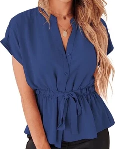 Neu mit Etikett Halife Damen-Tops Schößchen elegant lässig elastisch Taille zum Binden Knopfleiste blau - Bild 1 von 4