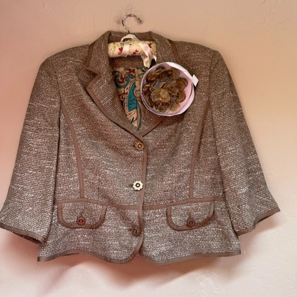 Blazer Kate Hill para mujer manga 3/4 marrón tweed carrera talla 14 acento floral Foto 1 de 4