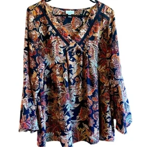 Avenue Sz 14-16Paisley Print Blouse Bell Sleeve V-Neck Top Plus Size 14/16 - Picture 1 of 11