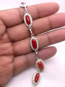 Bracciale in argento forma ovale corallo rosso italiano naturale 6,5 pollici - Foto 1 di 6
