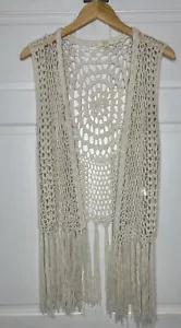 Kori America Sleeveless Open Vest Cardigan Boho Fringe Crochet Size Medium - Picture 1 of 7