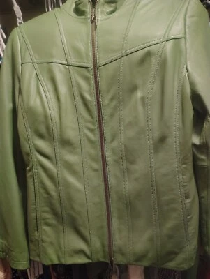 Chaqueta Pamela Mccoy Verde Cuero Cremallera Forrada Frontal Pequeña Foto 1 de 4