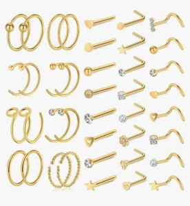 40pcs 20G Nose Ring Set Hoops/L-Shape/Studs 316L Surgical Steel - Gold NWT - Picture 1 of 5