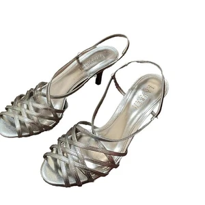 Ralph Lauren Leather Silver Dress Heel Sandals Heels Size 7.5B Metallic Open Toe - Picture 1 of 9