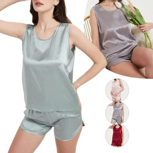 Womens Pure Silk Pajamas Set Pyjamas Sleepwear Tank Top Tee Shorts Loungewear - Picture 1 of 14