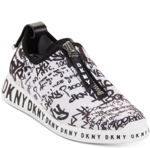 Neu Dkny Melissa Turnschuhe weiß schwarz Schriftzug Grafik Text Schreiben Reißverschluss - Bild 1 von 5