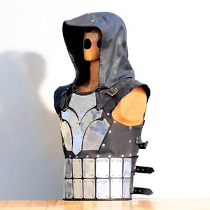 Medieval Knight Leather Armor Larp Leather viking Breastplate with hood SCA - Picture 1 of 5