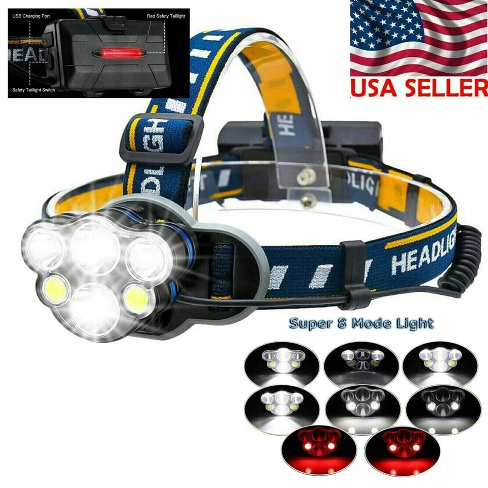 8x LED Headlamp USB Rechargeable HEAD Light Flashlight Torch Lamp Waterproof