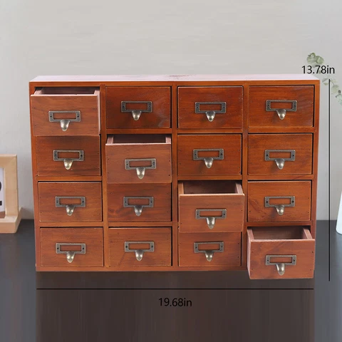 16 Drawers Cabinet Label Holder Organizer Card Catalog Wood Apothecary Medicine Cover