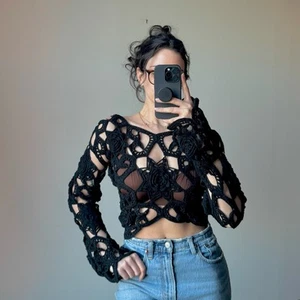 Vintage 90s ROMEO GIGLI Wool Rosette Open Crochet Sweater - Black - Size 6 - Picture 1 of 9